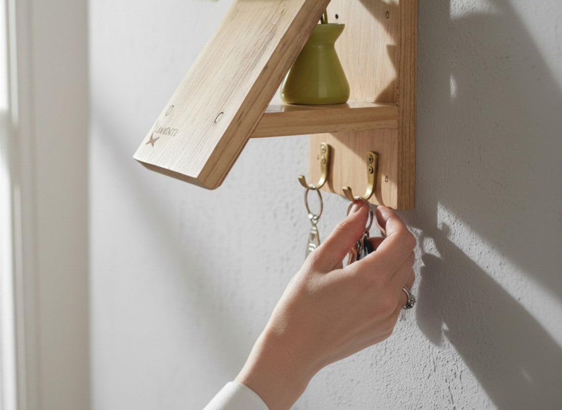 Wooden Premium Helmet Hanger with Key Hooks
