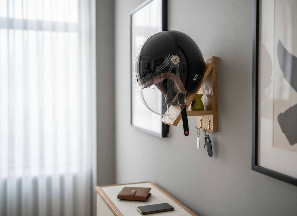Wooden Premium Helmet Hanger with Key Hooks
