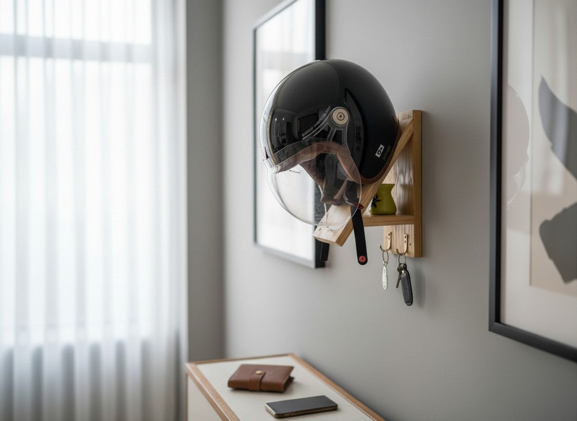 Wooden Premium Helmet Hanger with Key Hooks