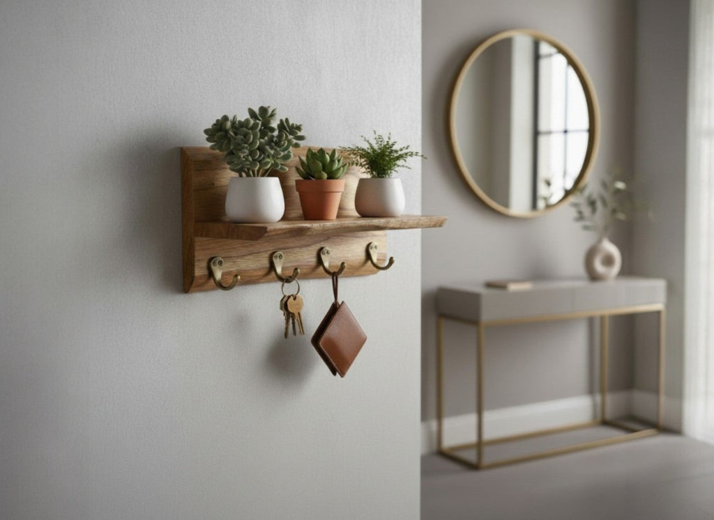 Live Edge Wall Organizer with Brass Key Hanger and Utility Stand