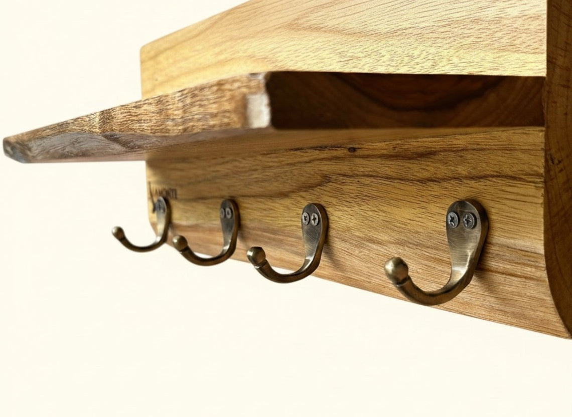 Live Edge Wall Organizer with Brass Key Hanger and Utility Stand