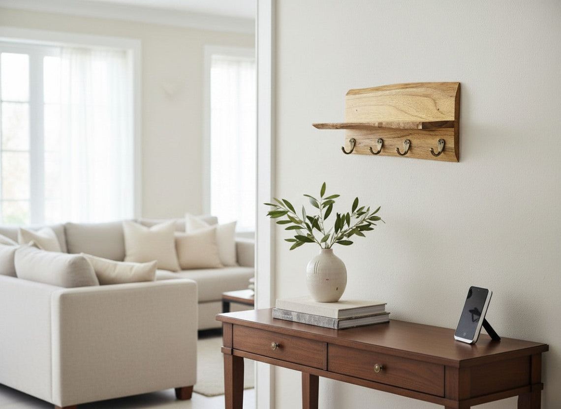 Live Edge Wall Organizer with Brass Key Hanger and Utility Stand