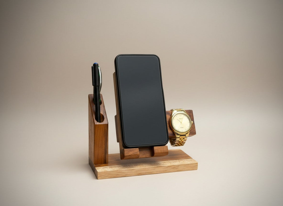 Wooden Premium Mobile Stand, Waist-watch Rest and Pen Stand