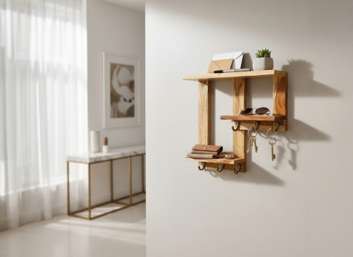 Wooden Premium 2 Step Live Edge Home Decor - Flower Stand with Brass Key Hanger