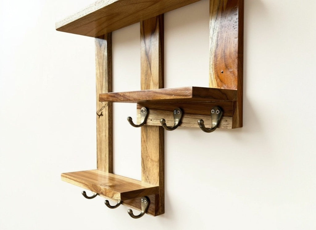 Wooden Premium 2 Step Live Edge Home Decor - Flower Stand with Brass Key Hanger