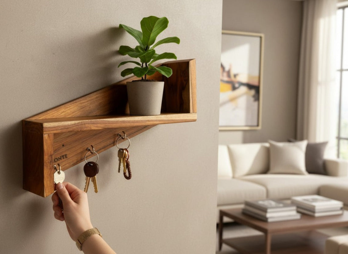 Wooden wall shelf with key holder and plant in a living room setting